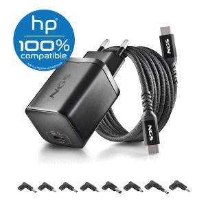 NGS BUD65W-H Caricabatterie GaN da 65 W per portatili HP - USB-C Power Delivery e PPS - 8 Connettori CC inclusi - Cavo USB-C da 1