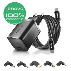NGS BUD65W-L Caricabatterie GaN da 65 W per portatili Lenovo - USB-C Power Delivery e PPS - 5 Connettori CC inclusi - Cavo USB-C da 1