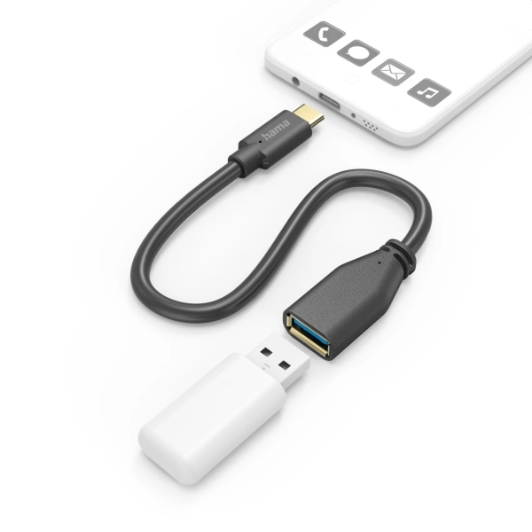 Cavo adattatore Hama da USB-C a USB-A Femmina - Diverse velocità - Cavo da 15 cm - Accessori inclusi - Funzione OTG - Colore Nero