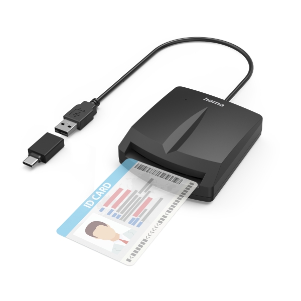 Hama Lettore di SMART Card DNI singolo - Indicatore LED - Cavo USB-A integrato - Adattatore USB-C - Colore Nero