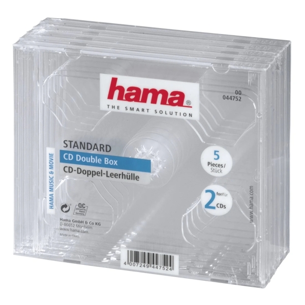Hama Confezione da 5 custodie doppie vuote per CD/DVD - Polistirene - 14 x 12,4 x 1,04 cm - Colore trasparente