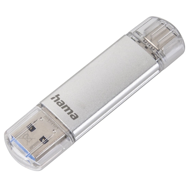 Hama Laeta Chiavetta USB 3.0 con cappuccio - Capacità 32 GB - Velocità di trasferimento 40 Mb/s - Funzionalità OTG - USB-C - USB-A - Corpo in metallo - Colore Argento