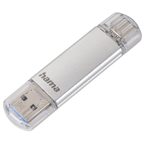 Hama Laeta Pendrive USB 3.0 con coperchio - Capacità 64 GB - Velocità di Trasferimento 40 Mb/s - Funzione OTG - USB-C - USB-A - Corpo in metallo - Colore Argento