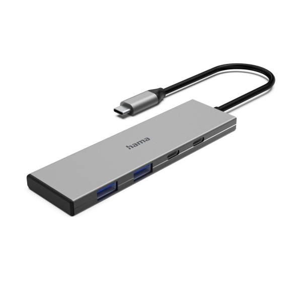 Hama Essential Hub USB 3.2 - Potenza massima 100 W - Cavo USB-C integrato da 15 cm - 2x USB-C - 2x USB-A - Power Delivery - Colore: Grigio