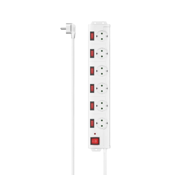 Hama Presa Multipla con 6 prese - Potenza massima 3680 W - Cavo da 1,4 m - Tensione 250 V - Interruttore generale e singoli - Spina Schuko angolata - 7,2 x 4,1 x 42,3 cm - Colore: Bianco
