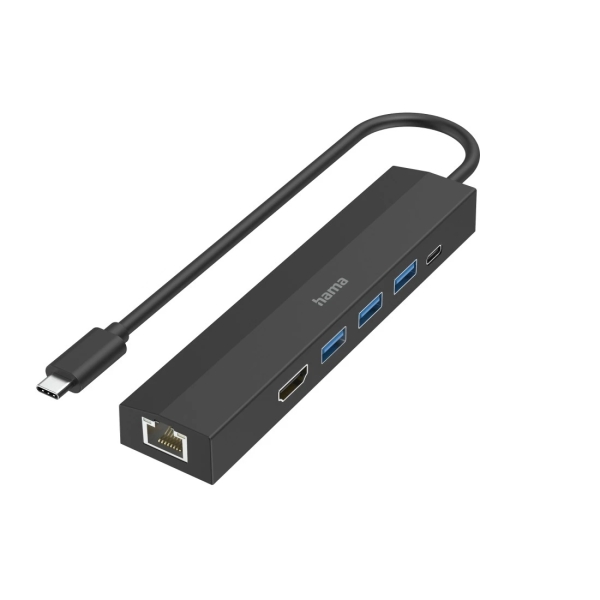 Hama Entry Hub USB 3.2 - Potenza massima 100 W - Cavo USB-C integrato da 15 cm - LAN Ethernet 1 Gbps - HDMI 4K - 3x USB-A - USB-C - Power Delivery - Colore: Nero