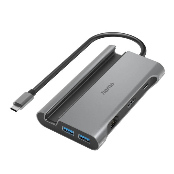 Hama Essential Hub USB 3.2 - Potenza massima 100 W - Cavo USB-C integrato da 15 cm - LAN Ethernet 1 Gbps - HDMI 4K - 3x USB-A - 2x USB-C - Power Delivery - Colore Grigio
