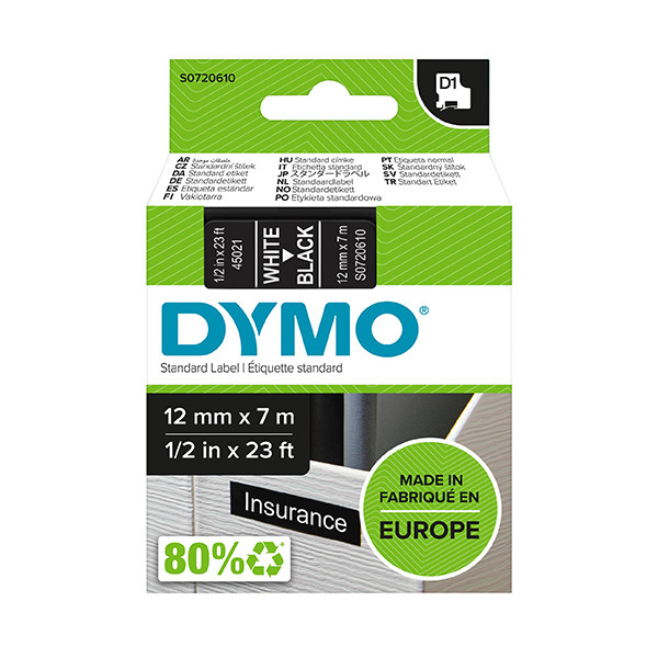DYMO LM D1 45021 Nastro per etichette originale per etichettatrice - Testo bianco su Fondo nero - Larghezza 12 mm x Lunghezza 7 m