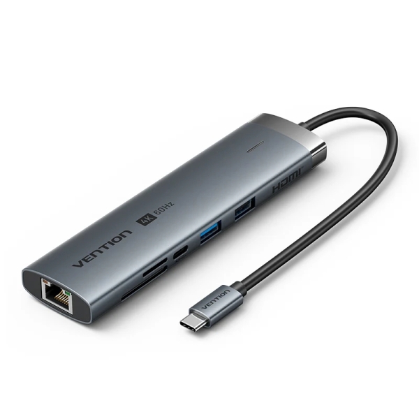 Vention Docking Station 9 in 1 - Cavo USB-C integrato da 15 cm - Ethernet RJ45 - HDMI 4K - 2xUSB-C - Scheda TF - SD - 2xUSB-A - Jack da 3