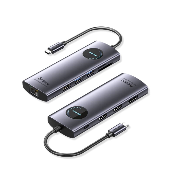 Vention Docking Station 10 in 1 - 100W - Cavo USB-C integrato da 15 cm - 2xHDMI 4K - Ethernet RJ45 - DisplayPort - USB-C - Scheda TF - SD - 3xUSB-A - Power Delivery - Colore: Grigio