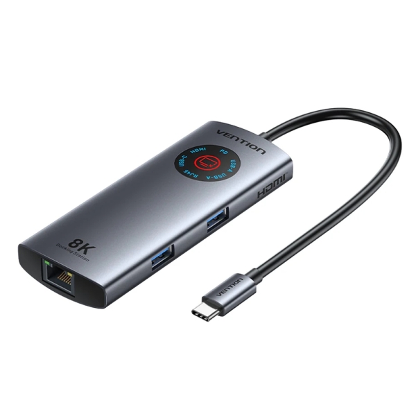 Vention Docking Station 6 in 1 - 100 W - Cavo USB-C integrato da 15 cm - Display LED - Ethernet RJ45 - 2xUSB-C - 2xUSB-A - HDMI 8K - Power Delivery - Colore Grigio