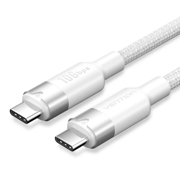 Cavo USB-C 3.2 Vention - Potenza fino a 100 W - Trasmissione 4K a 60 Hz - Lunghezza 1 m - Rivestimento in nylon intrecciato - Velocità fino a 10 Gbps - Colore Bianco