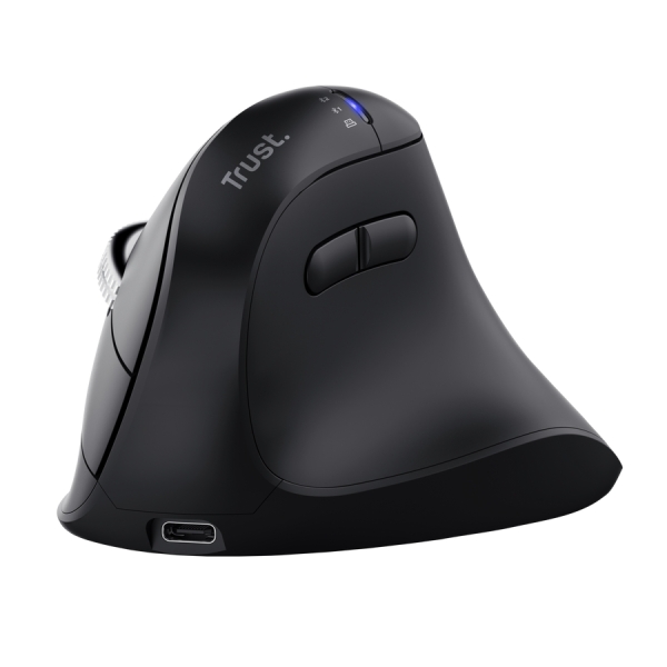 Trust Vyran Mouse wireless ergonomico - Regolabile fino a 4800 dpi - Bluetooth - Ricaricabile - Ricevitore USB-A - Adattatore USB-C - Multidispositivo - Clic silenzioso - 75 x 84 x 116 mm - Colore Nero