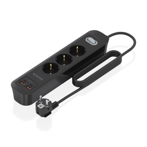 Aisens Presa Multipla con 3 prese Schuko - 2xUSB-C - 2xUSB-A - Cavo da 1