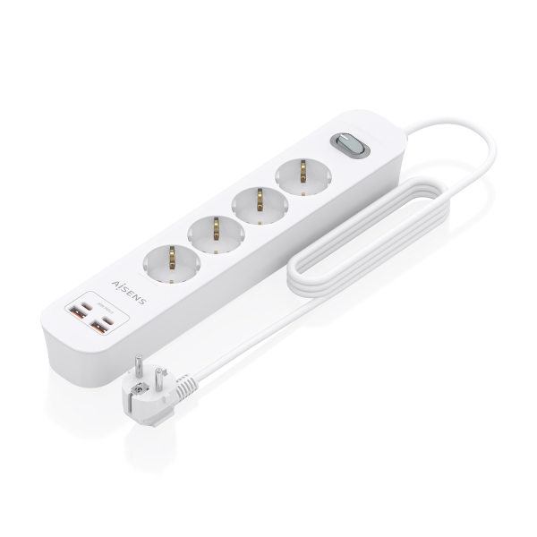 Aisens Presa Multipla con 4 prese Schuko - 2xUSB-C - 2xUSB-A - Cavo da 1,4 m - Interruttore con indicatore LED - Power Delivery - Qualcomm 3.0 - Colore Bianco