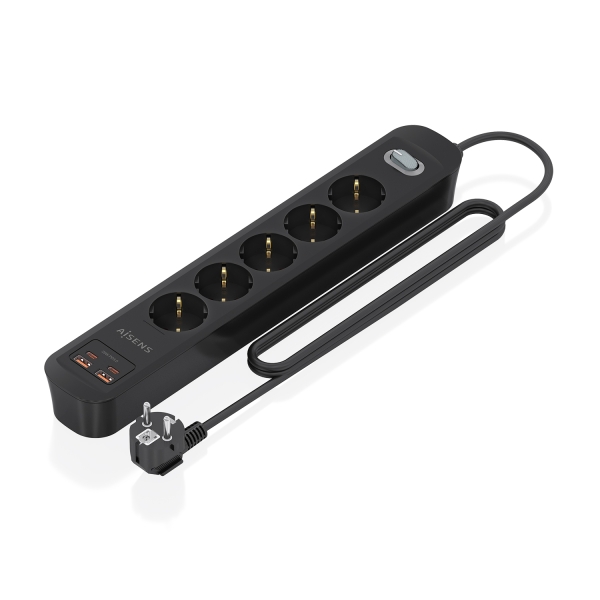Aisens Presa Multipla con 5 prese Schuko - 2xUSB-C - 2xUSB-A - Cavo da 1