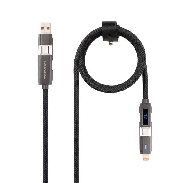 Nanocable Cavo USB-C 4 in 1 - Supporta fino a 27 W - Lunghezza 1 m - Adattatore USB-A e Lightning integrato - Display digitale - Filo intrecciato in cotone - Colore Nero
