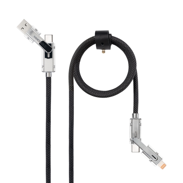 Nanocable Cavo USB-C 4 in 1 - Supporta fino a 27W - Lunghezza 1 m - Adattatore USB-A e Lightning integrato - Indicatore LED - Filo intrecciato in cotone - Colore Nero