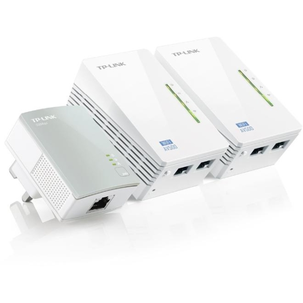 TP-Link TL-WPA4220 TKIT Confezione da 3 adattatori Powerline - Velocità fino a 300 Mbps - Copertura fino a 300 m - Wi-Fi AV600 - 2 porte Ethernet - Plug and Play - Colore Bianco