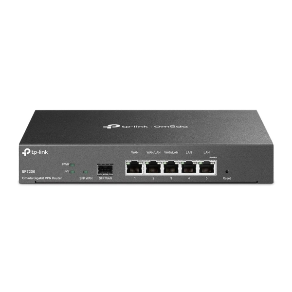 Router TP-Link Omada ER7206 - VPN - 4x1 Gbps WAN/LAN - 1 Gbps WAN - 1 Gbps SFP - USB 3.0 - Bilanciamento del carico - Gestione centralizzata nel cloud - Colore Nero
