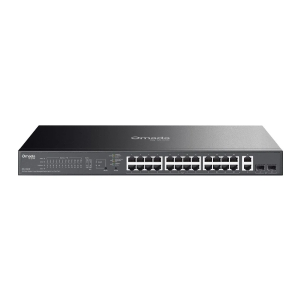 Switch TP-Link Omada ES228GP a 28 porte - Gestito - 26xRJ45 PoE+ 1 Gbps - 2xSFP 1 Gbps - Supporta QoS - 2 ventole interne - Commutazione fino a 56 Gbps - Box in metallo - Colore Nero