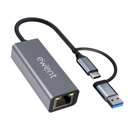 Ewent Adattatore di rete da USB-C + USB-A a Ethernet Gigabit 10/100/1000 Mbps - 15 cm - Colore Grigio