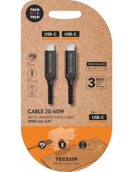 TechOneTech Cavo USB-C Maschio a USB-C Maschio da 1 m - Rivestito in Nylon Intrecciato Nero
