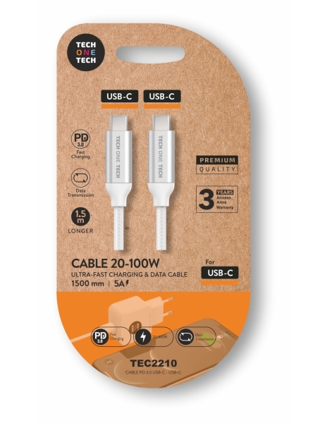 TechOneTech Cavo da USB-C Maschio a USB-C Maschio 1 m - Nylon Intrecciato Rivestito Bianco
