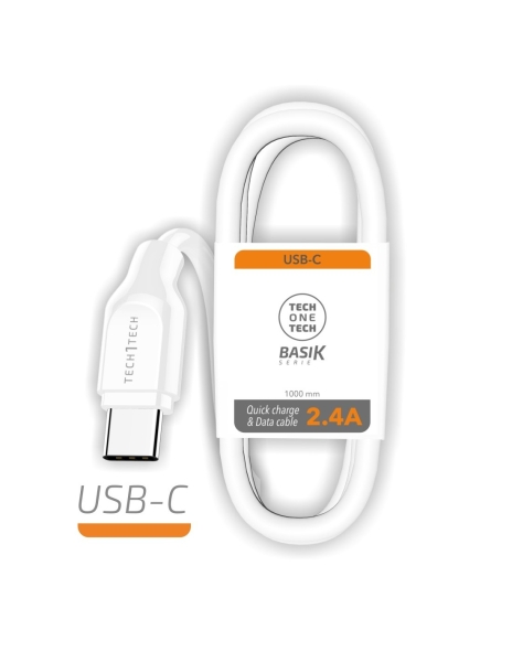 TechOneTech Cavo BASIK da USB-A Maschio a USB-C Maschio 1 m - Nylon Intrecciato Rivestito Bianco