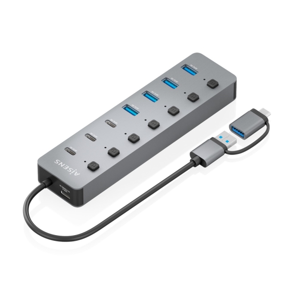Hub USB 3.1 Gen1 USB-A/USB-C Aisens - 4xUSB-A e 4xUSB-C - Pulsanti di accensione/spegnimento su ogni porta - 30 cm - Colore grigio