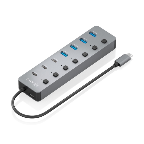 Hub USB-C 3.2 Gen2 10G Aisens - 4xUSB-A - 3xUSB-C - 1xUSB-C PD3.0 100W - Pulsanti di accensione/spegnimento su ogni porta - 30 cm - Colore grigio