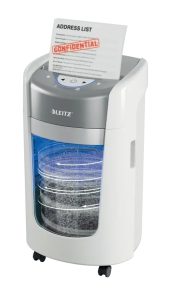 Leitz IQ OptiMax Home Office 225 Distruggidocumenti manuale DIN P5 - Distrugge fino a 6 fogli - Tempo di funzionamento Continua 20 m - Cestino da 15 L con tecnologia rotante - Colore Bianco/Grigio