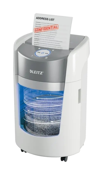 Leitz IQ OptiMax Home Office 350 Distruggidocumenti manuale DIN P5 - Distrugge fino a 8 fogli - Tempo di funzionamento Continua 20 m - Cestino da 22 L con tecnologia a rotazione - Colore Bianco/Grigio