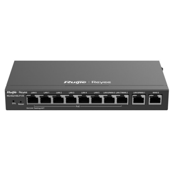Ruijie RG-EG210G-P-V3 Router gestito - 10 porte - 8x PoE 110 W - Supporta fino a 4 collegamenti WAN - 600 Mbps - Capacità fino a 200 utenti - Gestione via cloud - Colore grigio scuro