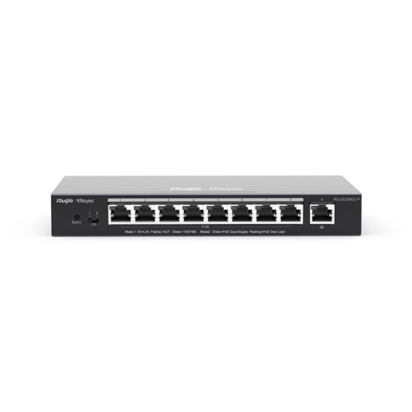 Ruijie RG-ES209GC-P Switch da tavolo - 9 porte - Velocità fino a 1 Gbps - PoE/PoE+ fino a 120 W - Box in acciaio - Gestione intelligente - Colore Nero