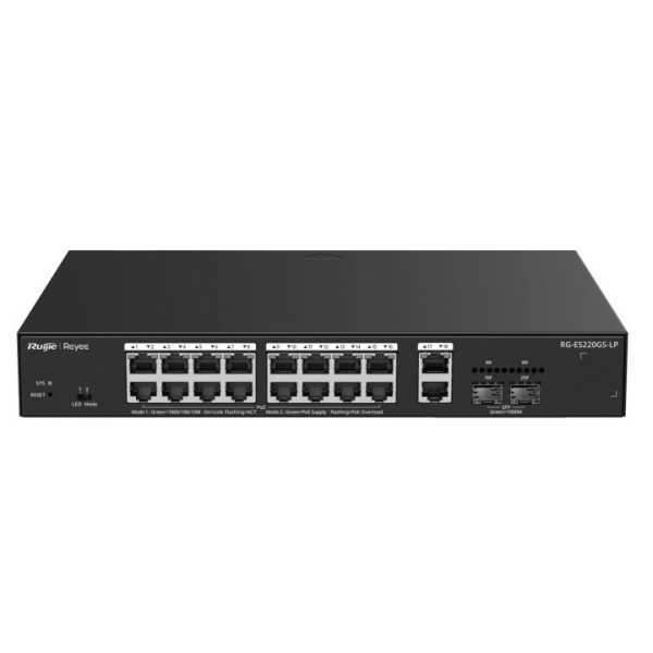 Switch Ruijie RG-ES220GS-LP - 18 porte Ethernet fino a 1 Gbps - 2x SFP 1 Gbps - PoE/PoE+ fino a 130 W - Gestito via cloud - Colore Nero