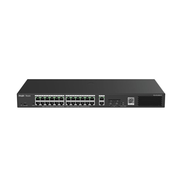 Ruijie RG-ES228GS-P Switch da tavolo - 26 porte Ethernet fino a 1 Gbps - 2x SFP 1 Gbps - PoE/PoE+ fino a 370 W - Box in acciaio - Gestione intelligente - Colore Nero