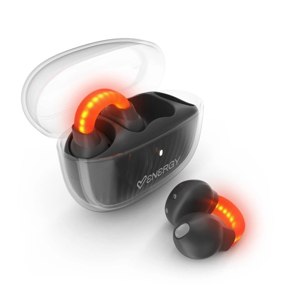 Energy Sistem LightPods Auricolari True Wireless - Bluetooth 5.4 - Sistema Safety Lights - Fino a 25 ore di autonomia - Tecnologia Open Sound - Microfono con riduzione del rumore ENC - Assistente vocale integrato - Design Curved-Fit - Colore Nero
