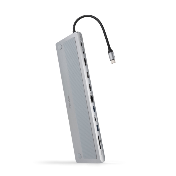 Nanocable HUB USB-C 11 in 1 - Convertitore da USB-C 3.1 a 3 x USB-A 3.0 + USB-C + USB-C 2 PD 100W + 2 x HDMI 4K60Hz + DisplayPort 4K60Hz + RJ45 + SD/TF + Audio - Alluminio - 18 cm - Colore Grigio