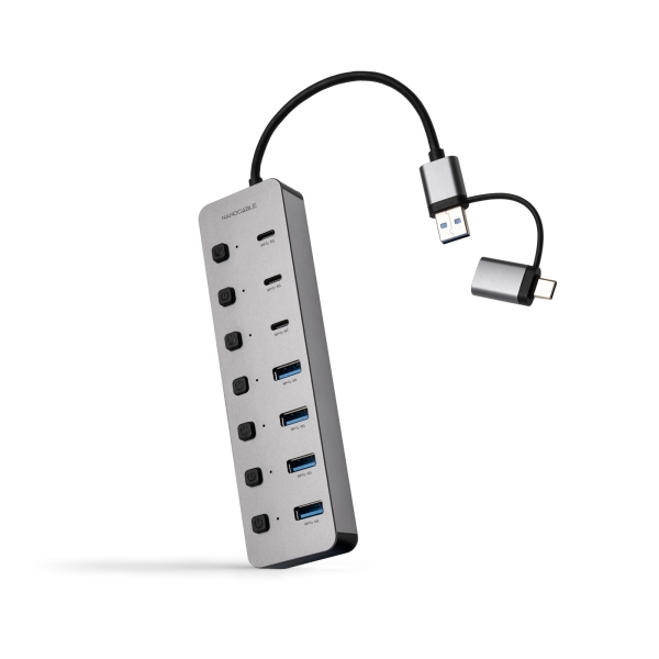 Hub Nanocable USB-A/USB-C - 4x USB-A + 3x USB-C 3.0 + USB-C 5V - Interruttori ON/OFF individuali - Cavo da 18 cm - Colore Argento