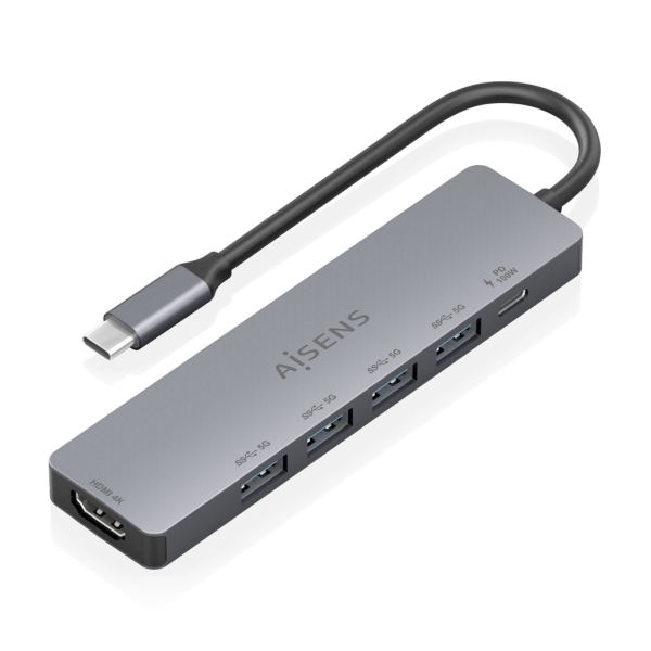 Dock USB-C 6 in 1 Aisens - USB-C a 1xHDMI - 4xUSB-A - 1xUSB-C PD 100W - 15 cm - Colore: Grigio