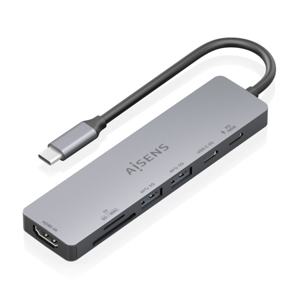 Dock USB-C 7 in 1 Aisens - USB-C a 1xHDMI - 2xUSB-A - 1xUSB-C - 1xUSB-C PD 100W - 1xSD - 1xMicroSD - 15 cm - Colore: Grigio