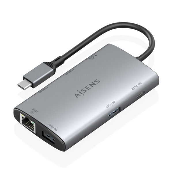 Aisens USB-C Dock 7 in 1 - USB-C a 2xHDMI 4K - 1xRJ45 - 2xUSB-A 3.0 - 1xUSB-C - 1xUSB-C PD 100W - 20 cm - Colore: Grigio
