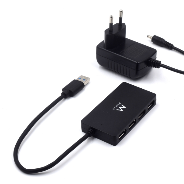 Ewent Hub USB 4 in 1 - Alimentazione esterna - USB 3.2 Gen1 - Cavo da 52,5 cm - Colore: Nero