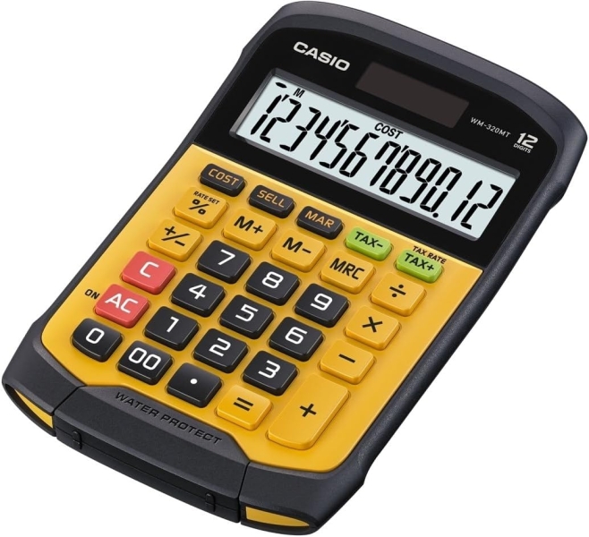 Casio WM-320T Calcolatrice da tavolo a 12 cifre - Tastiera rimovibile e lavabile IP54 - Display grande - Simboli di comando delle funzioni - Alimentazione solare e a batterie - Colore Giallo/Nero