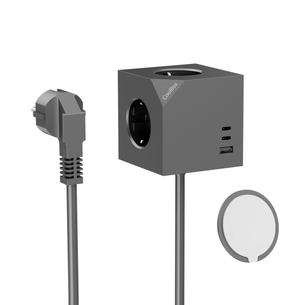 Coolbox Cubik Magnet: multipresa da tavolo con 3 prese + 2x USB-C max. 20 W - 1x USB-A max. 15 W - Cavo da 1,4 m - Fissaggio magnetico - Colore Grigio
