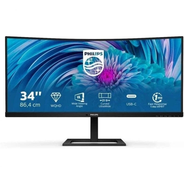 Philips E Line 346E2CUAE/00 Monitor LED curvo da 34" WQHD+ 100 Hz FreeSync Premium - Risposta 1 ms - Altoparlanti da 10 W - Regolabile in altezza e inclinabile - 21:9 - HDMI, DisplayPort, USB-C - VESA 100x100 mm
