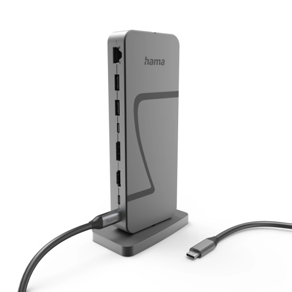Hama Essential Hub USB 2.0/3.2 - Potenza massima 140 W - Cavo USB-C di 40 cm - LAN Ethernet 2,5 Gbps - DisplayPort 8K - HDMI 4K - 3x USB-C - 4x USB-A - Colore grigio