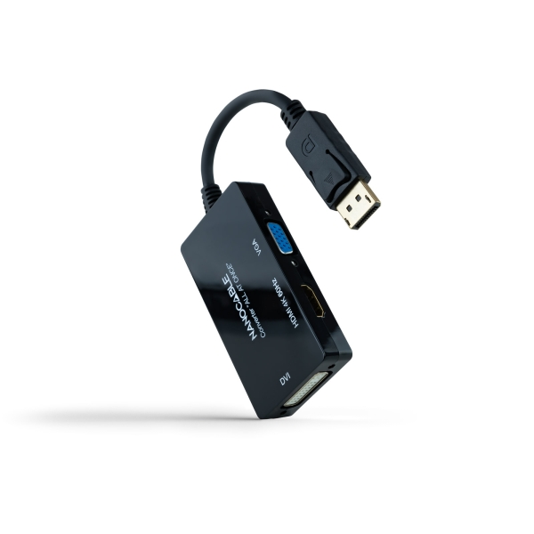 Nanocable Convertitore video - Da DisplayPort a HDMI, DVI e VGA - 3 uscite simultanee - 4K a 60 Hz per HDMI - Modalità SST e MST - Lunghezza 20 cm - Colore Nero