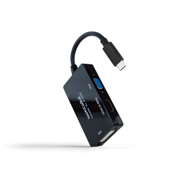 Nanocable Convertitore video - da USB-C a HDMI, DVI e VGA - 3 uscite simultanee - 4K a 60 Hz per HDMI - Modalità SST e MST - Lunghezza 20 cm - Colore: Nero